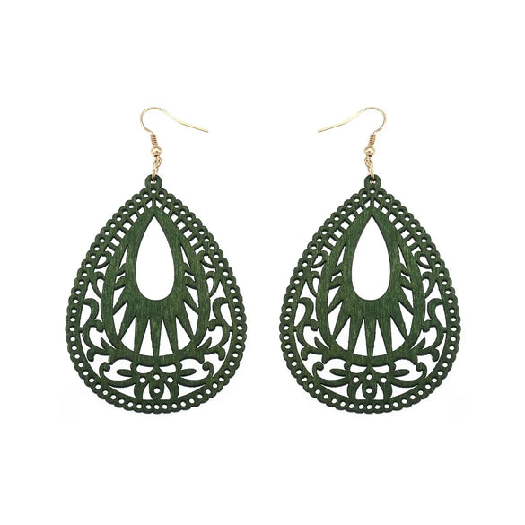 Retro Water Droplets Wood Hollow Out Women'S Drop Earrings 1 Pair