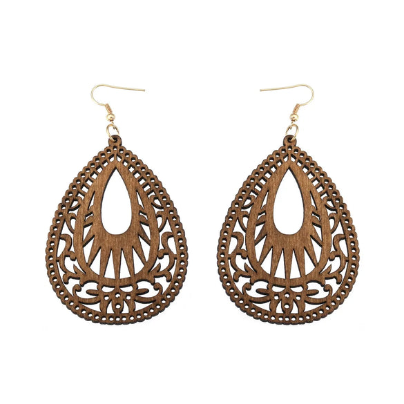 Retro Water Droplets Wood Hollow Out Women'S Drop Earrings 1 Pair