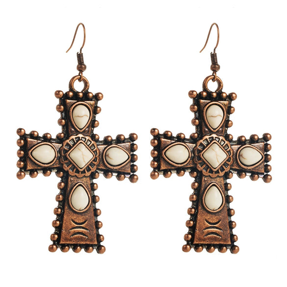 Retro Western Style Alloy Turquoise Geometric Cross Water Drops Earrings For Women