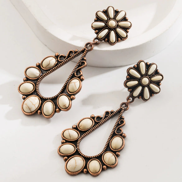 Retro Western Style Alloy Turquoise Geometric Cross Water Drops Earrings For Women