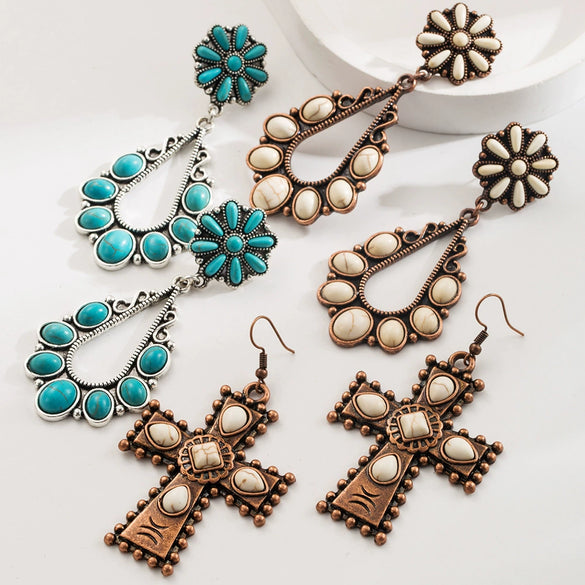 Retro Western Style Alloy Turquoise Geometric Cross Water Drops Earrings For Women