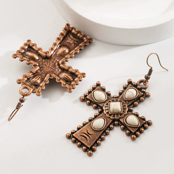 Retro Western Style Alloy Turquoise Geometric Cross Water Drops Earrings For Women