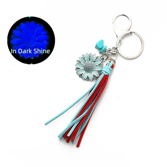 Retro Western Style Luminous Metal Pendant Keychain With Turquoise And Sunflower Pattern