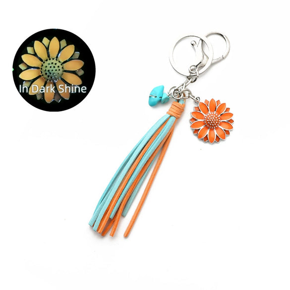 Retro Western Style Luminous Metal Pendant Keychain With Turquoise And Sunflower Pattern