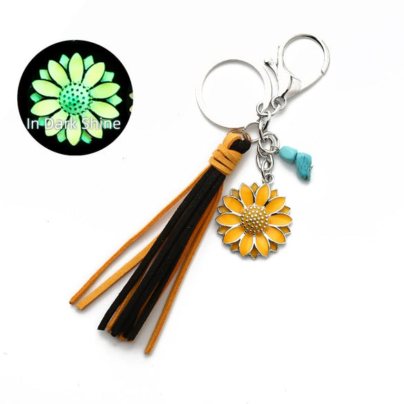 Retro Western Style Luminous Metal Pendant Keychain With Turquoise And Sunflower Pattern