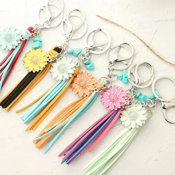 Retro Western Style Luminous Metal Pendant Keychain With Turquoise And Sunflower Pattern