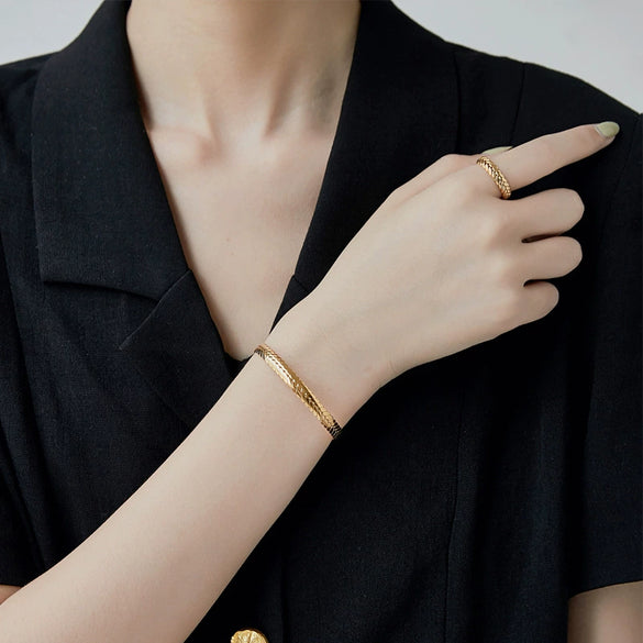 Retro Wheat Ear Texture Adjustable Bracelet Ring Set For Women Titanium Steel Electroplated With Gold