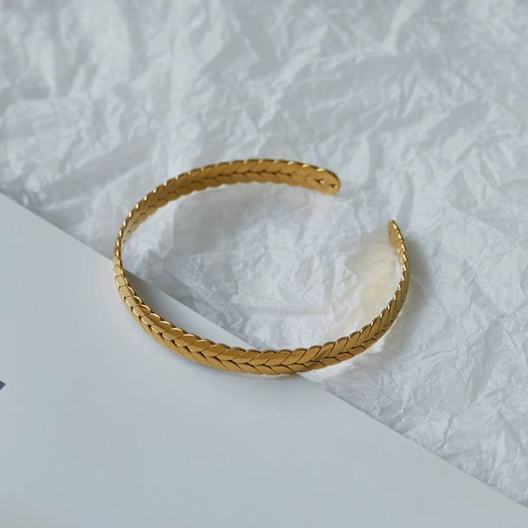 Retro Wheat Ear Texture Adjustable Bracelet Ring Set For Women Titanium Steel Electroplated With Gold