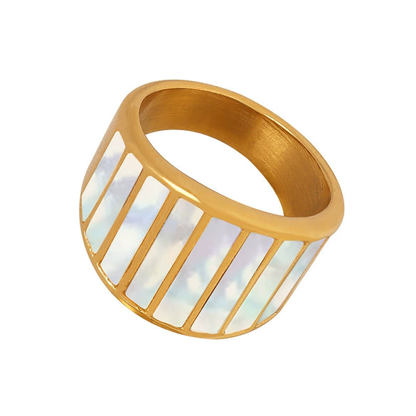 Retro White Seashell Wide Exaggerated Personality Fashion Titanium Steel Ring With Geometric Pattern And Electroplating For Women