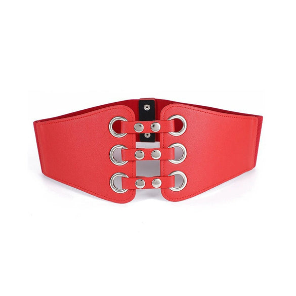 Retro Women's Wide Waist Elastic Belt In Imitation Leather With Hollow Rivet Decorations