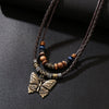 Retro Wooden Bead And Leather Chain Necklace With Butterfly Metal Pendant In Insect Pattern Zinc Alloy And Alloy Material Electroplating Process Unisex