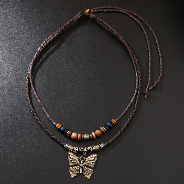 Retro Wooden Bead And Leather Chain Necklace With Butterfly Metal Pendant In Insect Pattern Zinc Alloy And Alloy Material Electroplating Process Unisex