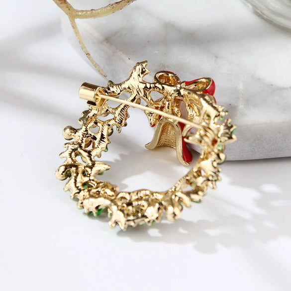 Rhinestone Bow Wreath Brooch Pin Alloy Jewelry Accessory With Dripping Oil Finish And Inlaid Artificial Gemstones