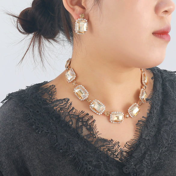 Rhinestone Inlaid Fashion Clavicle Chain Necklace And Earrings Set For Women
