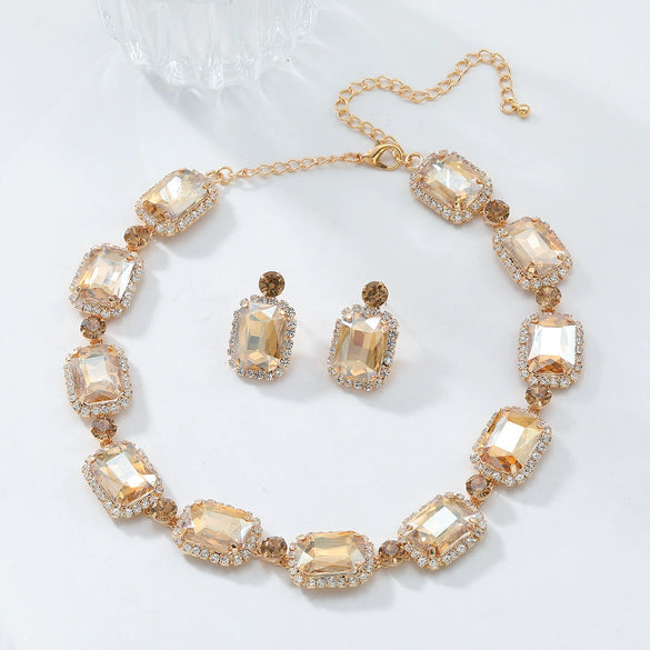 Rhinestone Inlaid Fashion Clavicle Chain Necklace And Earrings Set For Women
