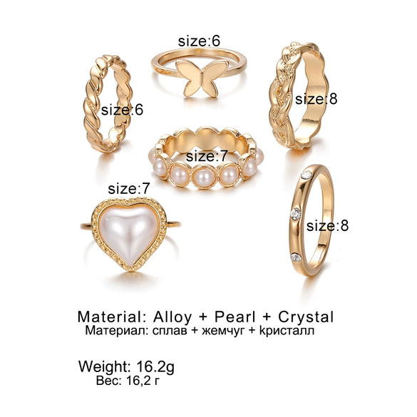 Ring Alloy Heart Retro Butterfly Pearl Joint Electroplating Unisex Set