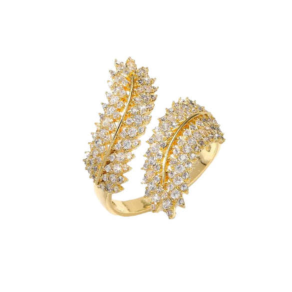 Ring Copper Inlaid Zircon Open Olive Branch Leaf Wheat Ear Style Unisex