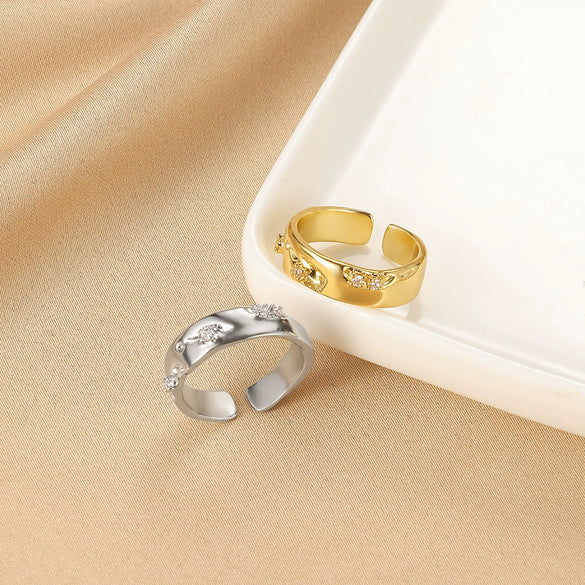 Ring Copper Microinlaid Zircon Geometric Star Ushaped Retro Electroplated For Women