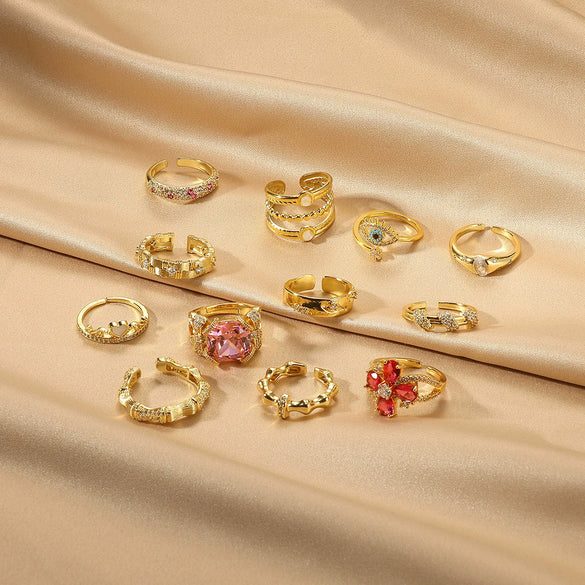 Ring Copper Microinlaid Zircon Geometric Star Ushaped Retro Electroplated For Women