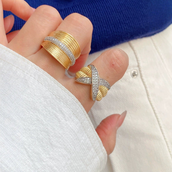 Ring Copper Plated Gold Diamond Zircon Geometric Fashion Design Electroplated