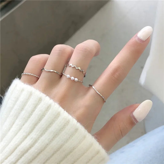 Ring Female Simple Pearl Wavy Combination Five-Piece Set Tail Alloy Ring