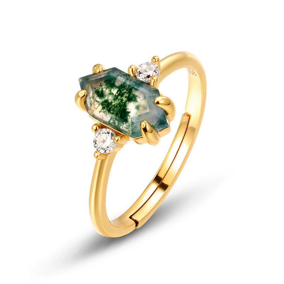 Ring Geometric Natural Green Moss Stone S925 Silver Inlaid Aquatic Agate Open Retro Style