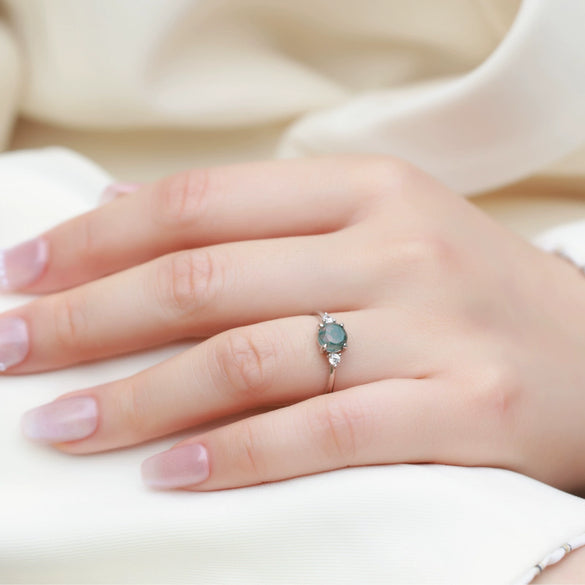 Ring Geometric Natural Green Moss Stone S925 Silver Inlaid Aquatic Agate Open Retro Style