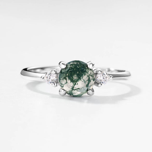 Ring Geometric Natural Green Moss Stone S925 Silver Inlaid Aquatic Agate Open Retro Style