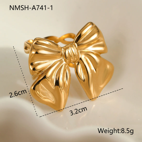 Ring Imitation Pearl Inlaid Titanium Steel Stainless Steel 18K Gold Plated Bow Design Light Luxury Style