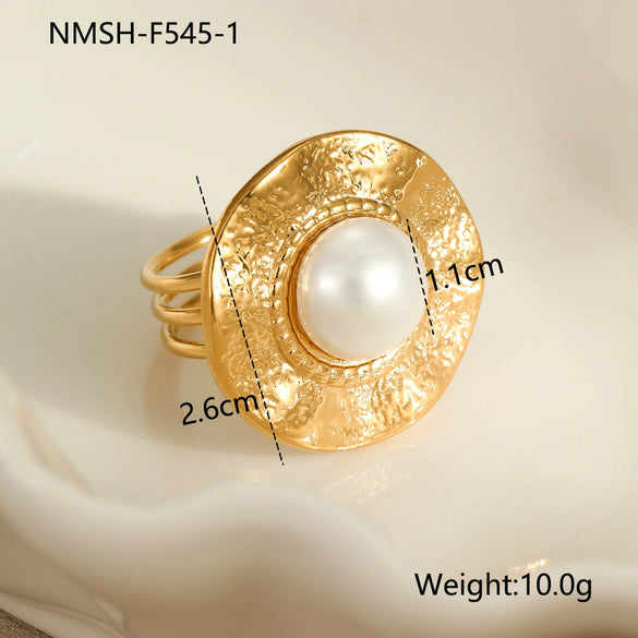 Ring Imitation Pearl Inlaid Titanium Steel Stainless Steel 18K Gold Plated Bow Design Light Luxury Style