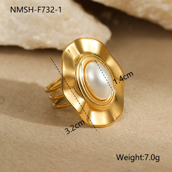 Ring Imitation Pearl Inlaid Titanium Steel Stainless Steel 18K Gold Plated Bow Design Light Luxury Style