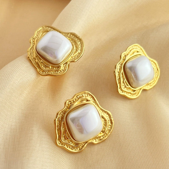 Ring Imitation Pearl Stainless Steel Heart Shape Electroplating Vintage Geometric Style