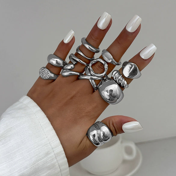 Ring Metal Geometric Electroplated Liquid Metal Pleated Irregular Cross Water Drop Hug Open Style For Women