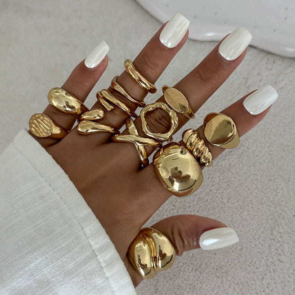 Ring Metal Geometric Electroplated Liquid Metal Pleated Irregular Cross Water Drop Hug Open Style For Women