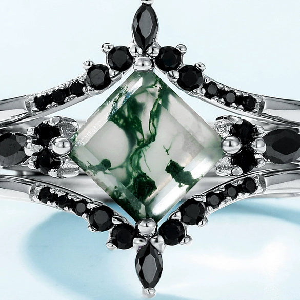 Ring Natural Aquatic Agate S925 Silver Inlaid Green Moss Stone Geometric Retro Women's