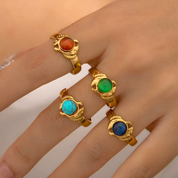 Ring Natural Stone Titanium Steel Animal Zodiac Geometric Electroplated Retro Fashion Niche Simple Allmatch
