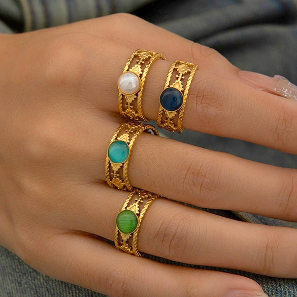 Ring Natural Stone Titanium Steel Geometric U Shape Retro Electroplated 18K Gold Unisex