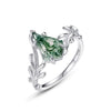 Ring Olive Branch Natural Green Moss Stone S925 Silver Inlaid Aquatic Agate Geometric Retro Women's
