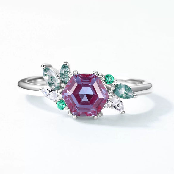 Ring S925 Silver Cultivation Color Treasure Stone Geometric Pattern Diamond Inlay