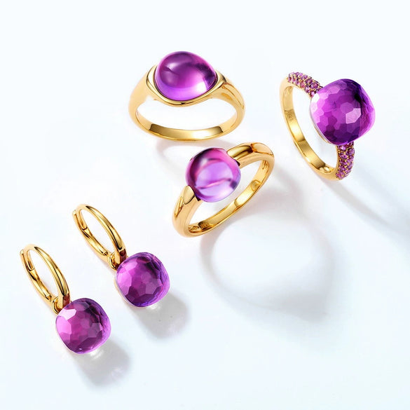 Ring S925 Silver Inlaid Amethyst Artificial Crystal Geometric Style Gem Inlaid