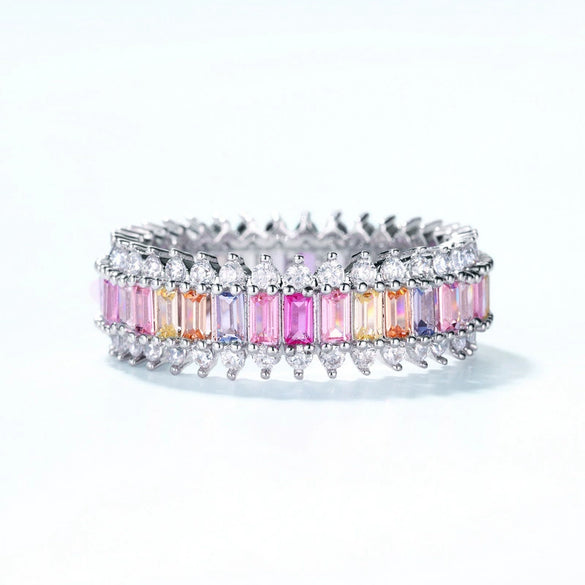 Ring S925 Silver Inlaid Rainbow Zircon Geometric Fashion Women's