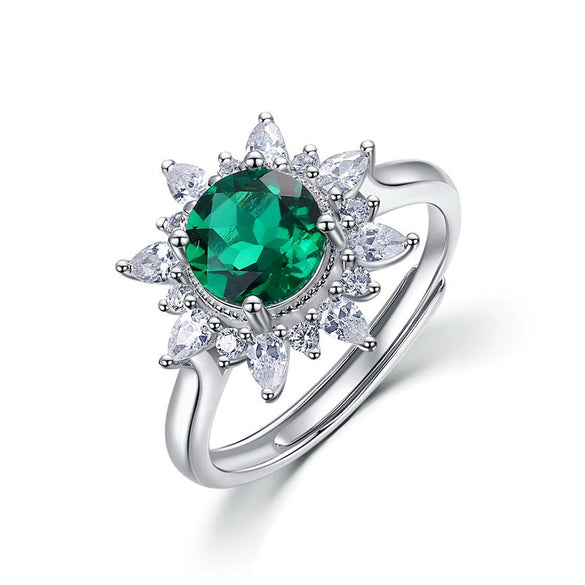 Ring S925 Silver Inlay Cultivation Diamond Retro Light Luxury Geometric Sunflower Style
