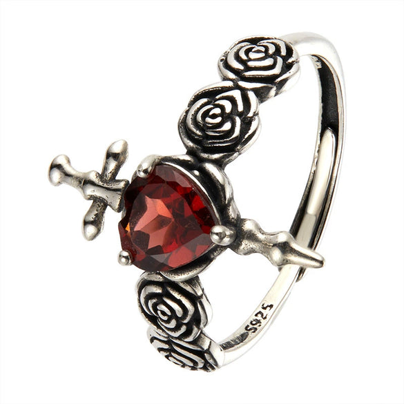 Ring S925 Sterling Silver Crystal Heart Shape Set With Gems For Women Plants And Flowers Style