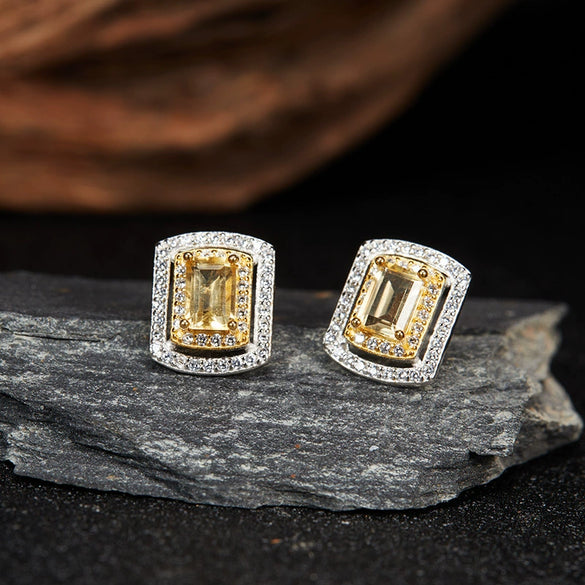 Ring S925 Sterling Silver Crystal Natural Citrine Amethyst Colored Gemstone Geometric Ushaped Set With Gems Light Luxury Style
