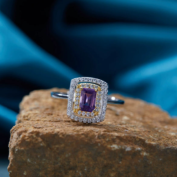 Ring S925 Sterling Silver Crystal Natural Citrine Amethyst Colored Gemstone Geometric Ushaped Set With Gems Light Luxury Style