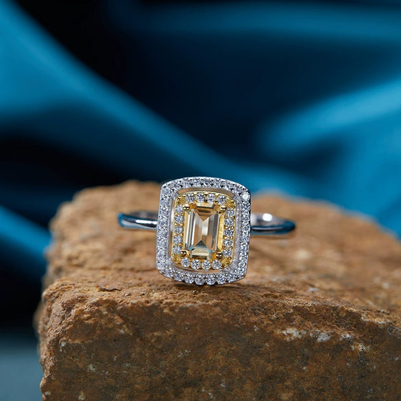 Ring S925 Sterling Silver Crystal Natural Citrine Amethyst Colored Gemstone Geometric Ushaped Set With Gems Light Luxury Style