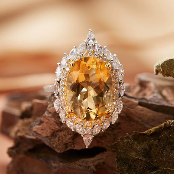 Ring S925 Sterling Silver 18K Gold Plated Crystal Geometric Set With Gems