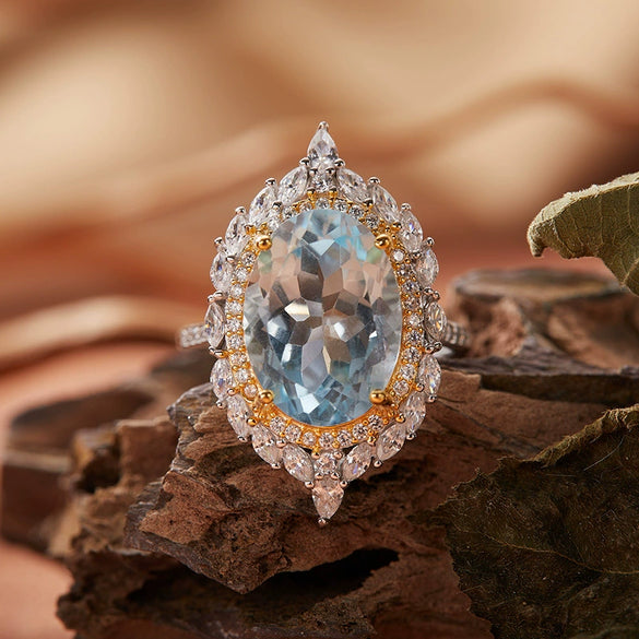 Ring S925 Sterling Silver 18K Gold Plated Crystal Geometric Set With Gems