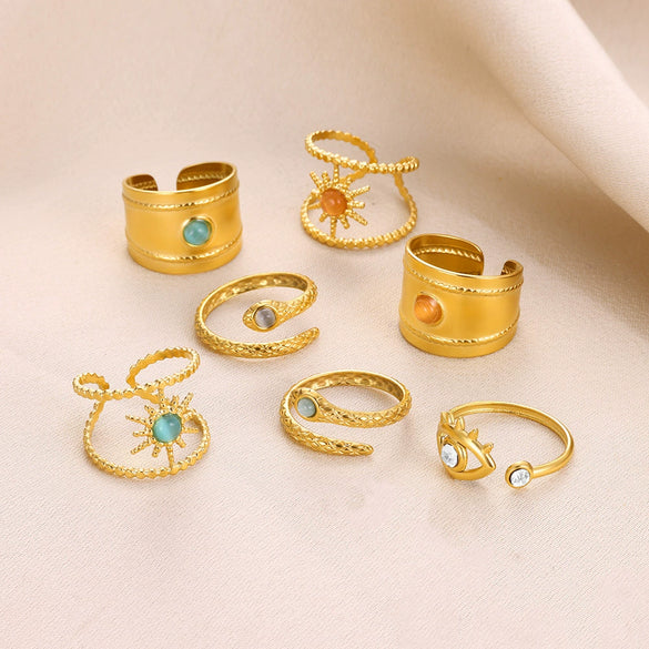 Ring Stainless Steel Double Row Star Snake Inlaid Semiprecious Stone Electroplated