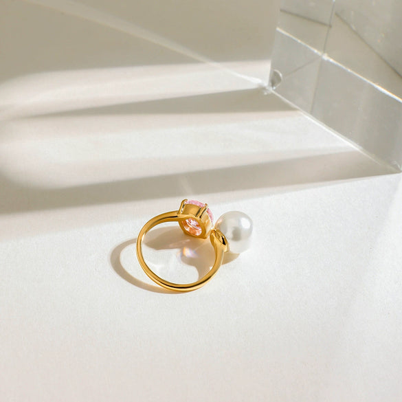 Ring Stainless Steel Geometric Electroplating Zircon Pearl Light Luxury Ins Style Women's